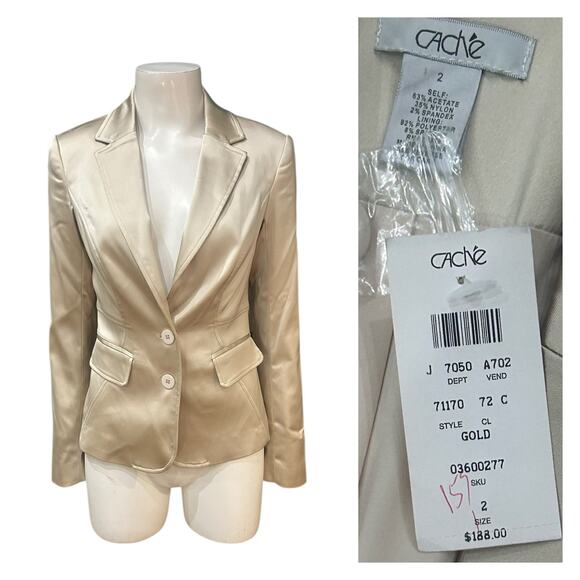NWT Caché Gold Satin Blazer Classic Fitted Jacket, $188 Retail / size XS - - Picture 1 of 4